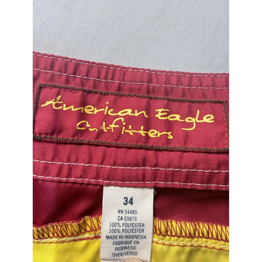 American Eagle Outfitters Mens Board Shorts Red Yellow Stripe Swim Trunk Size 34